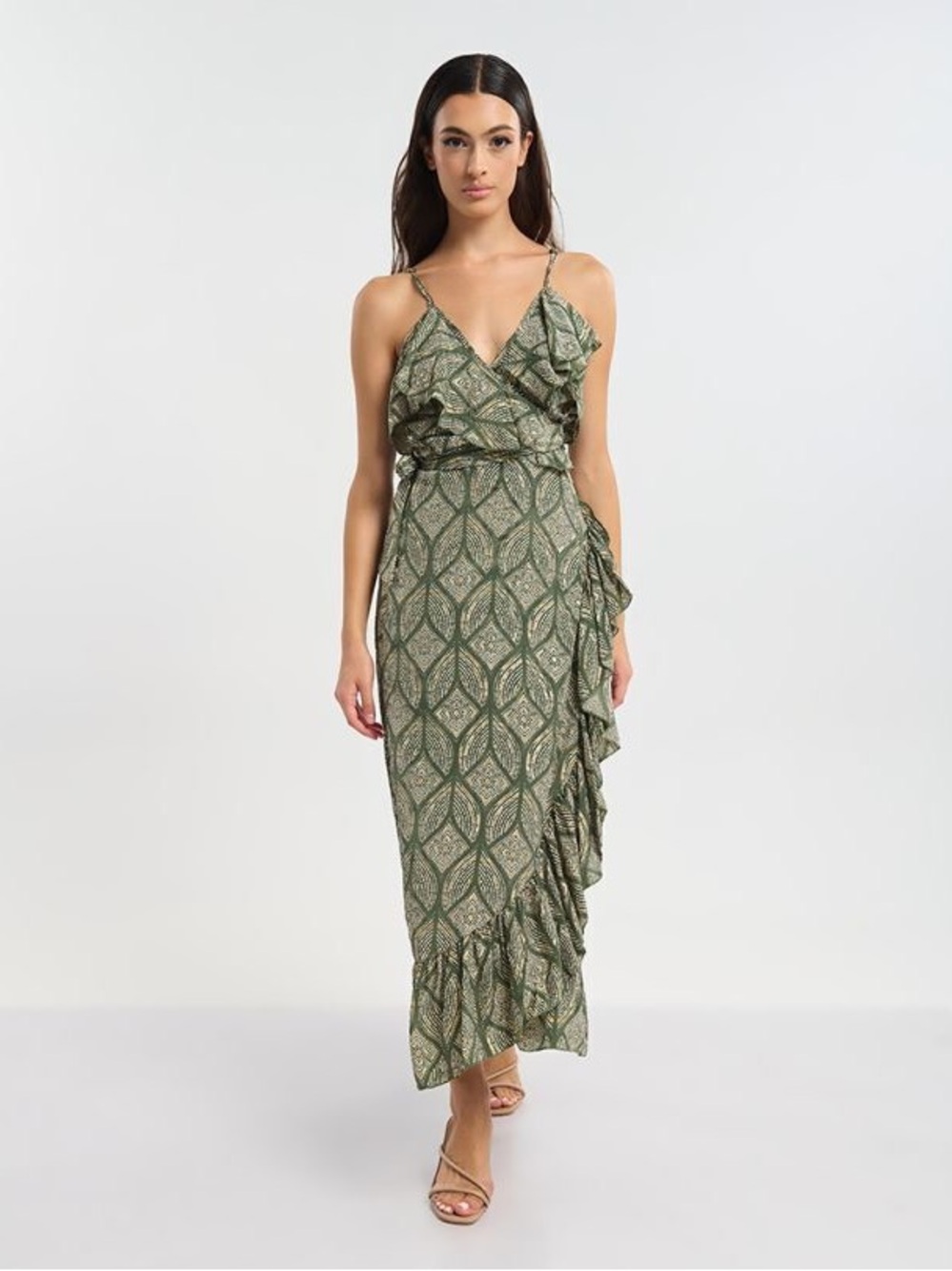 Ble Resort Collection Summer Maxi Evening Dress Wrap Olive Gold Silk Blend
